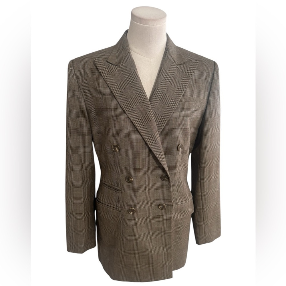 RALPH LAUREN 100% Wool Checkered Brown Blazer Jacket Preppy Prep 4 Work Party